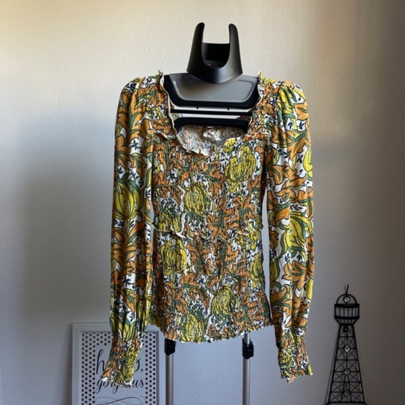 Anthropologie The Rayna Relaxed Smocked Yellow Floral Long Sleeve Mesh Blouse - Picture 6 of 10